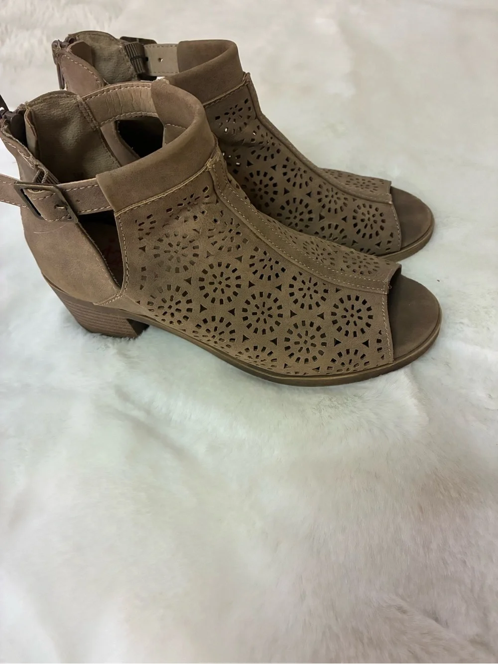 Jellypop Taupe Laser-Cut Peep-Toe Ankle Heels